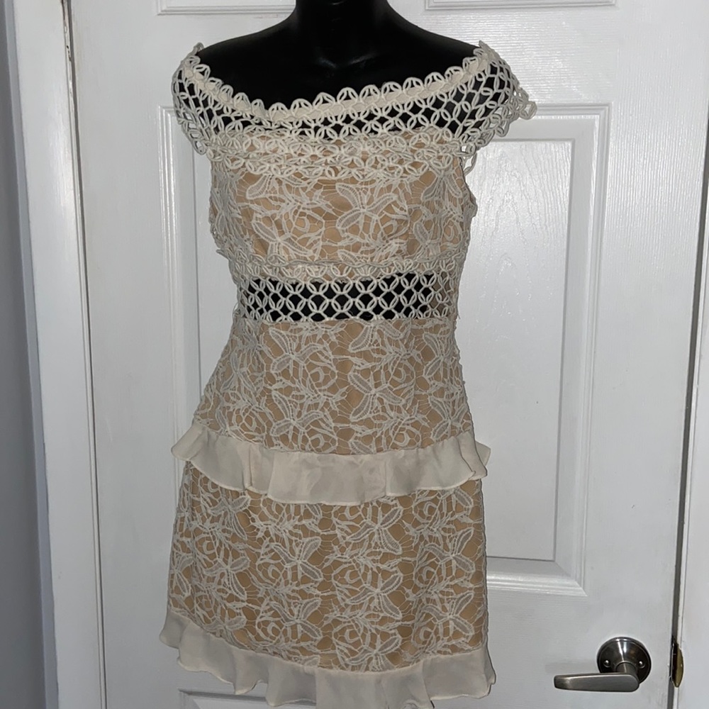 Lace crochet mini off the shoulder cream dress